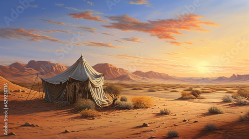 Craft an artistic painting of a desert landscape, with a Bedouin tent nestled against the dunes, exuding the serenity and solitude of desert living." Generative AI