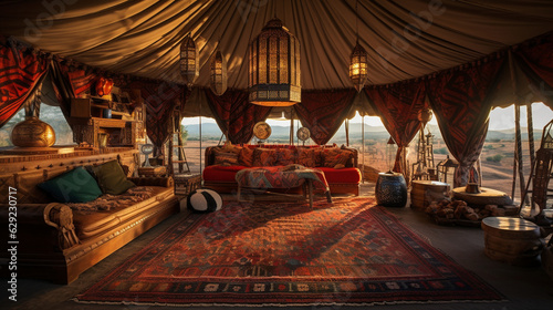 "Design an ornate Bedouin tent interior, with intricate tapestries, handwoven textiles, and vintage artifacts, preserving the rich cultural heritage of the nomadic tribes." Generative AI