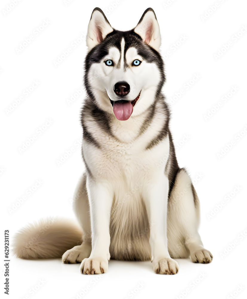 Portrait of sitting Siberian Husky. Blue eyed Cute dog isolated on white background - AI generated 
