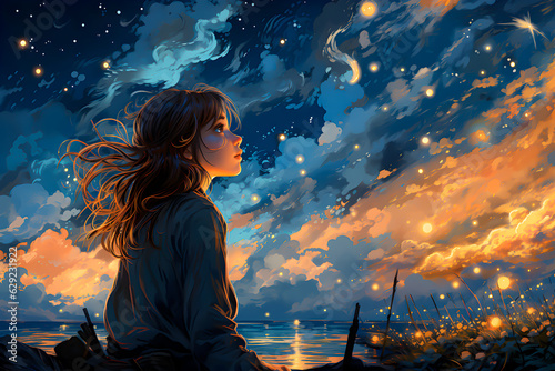 Girl watching the stars in night sky
