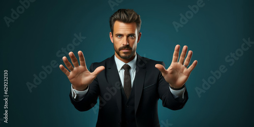 A man holding up both hands in a mediation or negotiation. Settling an argument or calming down another person.