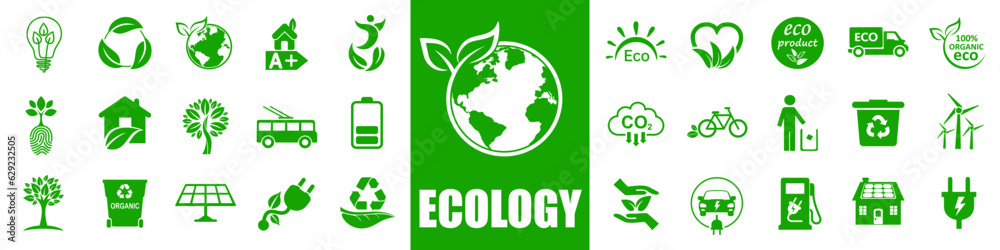 Obraz premium Set ecology icons, eco planet green signs, nature eco symbol – stock vector