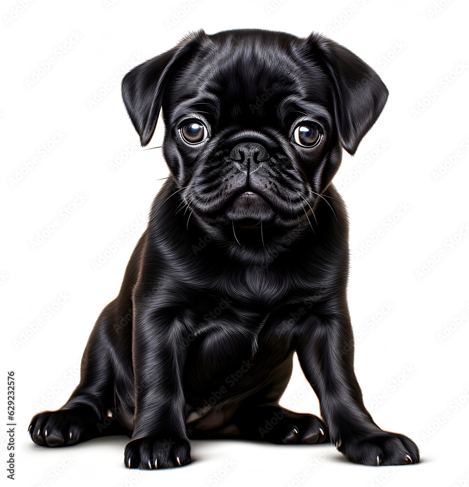 Sitting black Pug dog panting and looking at the camera, Isolated on white - AI generated
