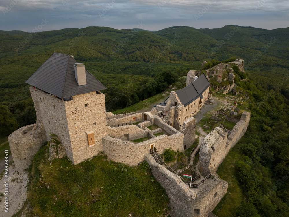 Aerial view of Regec Castle in Hungary - sunset