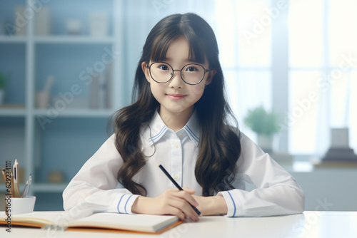 A cute stylish 8-year-old South Korean girl wearing a white shirt is doing revision for the exam at the table, messy papers on the table, glasses, smiles. AI generated image