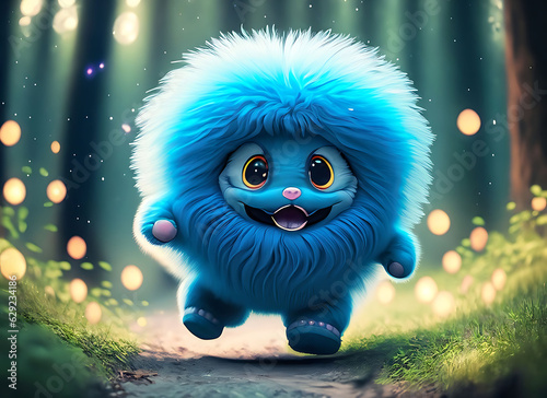 a cute fluffy blue ball animal running through a magical forest  trying to catch a flying firefly. This image is generated with the use of an AI