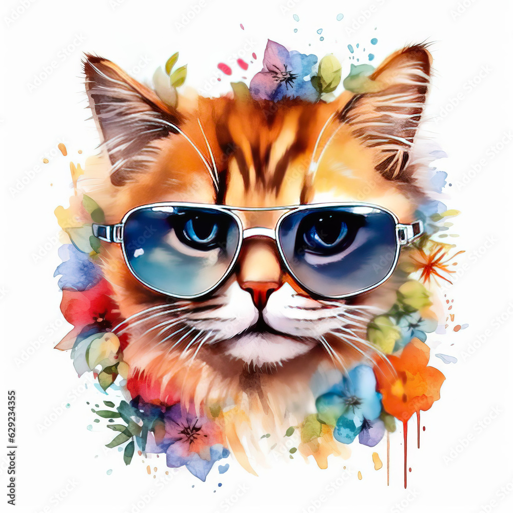Fototapeta Watercolor Illustration of a Cute Cat Wearing a Floral Crown. Generative AI