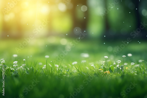 Lovely background of a green meadow in spring with a blurred out bokeh background