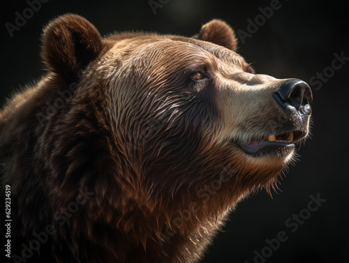 Close-up detailed portrait of a bear's face isolated on a black background. generative ai