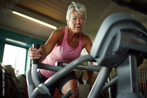 Photograph of a mid aged woman training on a cross trainer