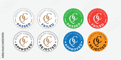 QC Passed and Failed, Quality Control Approved and rejected, logo, emblem, symbol, stamp, badge, icon, label, flat vector, isolated illustration, latest design. white, black, Brown,red, blue, yellow.