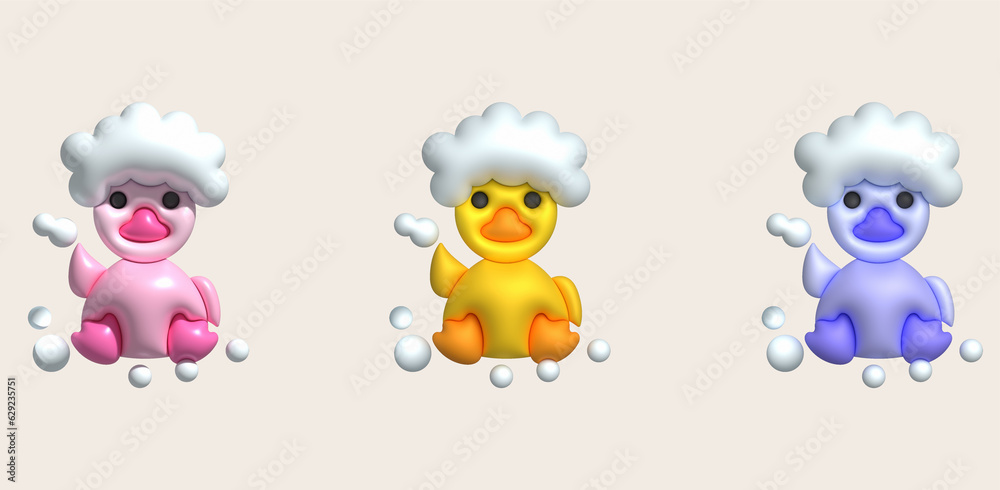 3d icon. Rubber duck playing with bubble water or bath toy. Cute rubber floating for children.