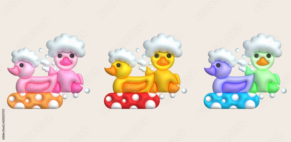 3d icon. Rubber duck playing in bubble bath or bath toy with rubber ring. Cute rubber floating for children. 3d icon. Rubber duck playing in bubble bath or bath toy with rubber ring. Cute rubber floating for children.