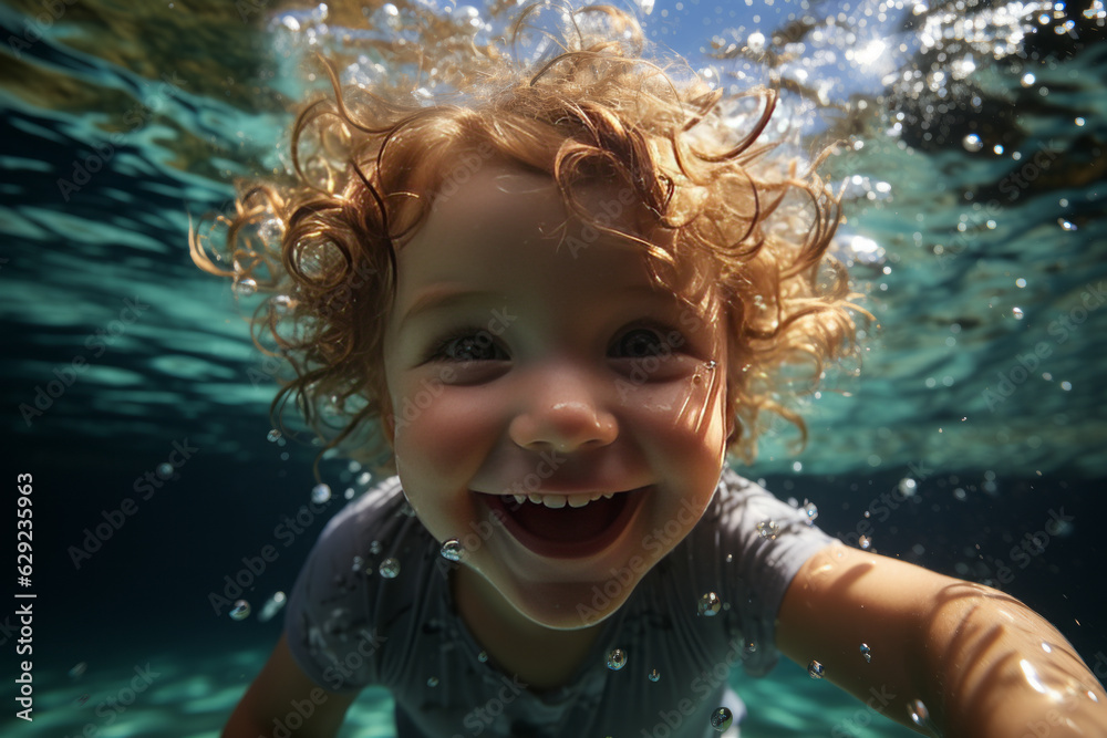 Adorable baby swiming underwater. Diving toddler. High quality photo wide angle lens daylight white generative ai