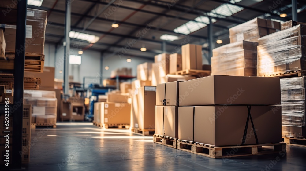 Retail warehouse full of shelves with goods in cartons, with pallets and forklifts. Logistics and transportation blurred background. Product distribution center. Generative ai Retail warehouse full of shelves with goods in cartons, with pallets and forklifts. Logistics and transportation blurred background. Product distribution center. Generative ai