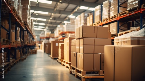 Retail warehouse full of shelves with goods in cartons, with pallets and forklifts. Logistics and transportation blurred background. Product distribution center. Generative ai