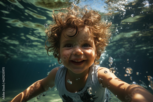 Adorable baby swiming underwater. Diving toddler. High quality photo wide angle lens daylight white