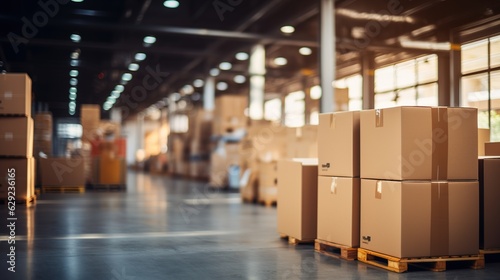 Retail warehouse full of shelves with goods in cartons, with pallets and forklifts. Logistics and transportation blurred background. Product distribution center. Generative ai