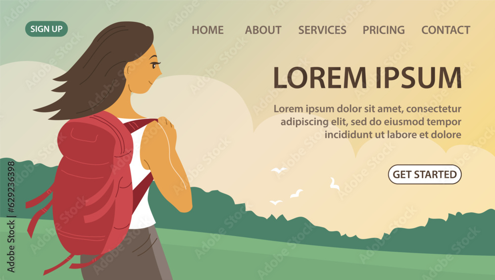 Girl hiking tourist with a backpack on the background of nature. Summer green forest. Travel and tourism. Cartoon vector illustration. Design for website, banner Girl hiking tourist with a backpack on the background of nature. Summer green forest. Travel and tourism. Cartoon vector illustration. Design for website, banner