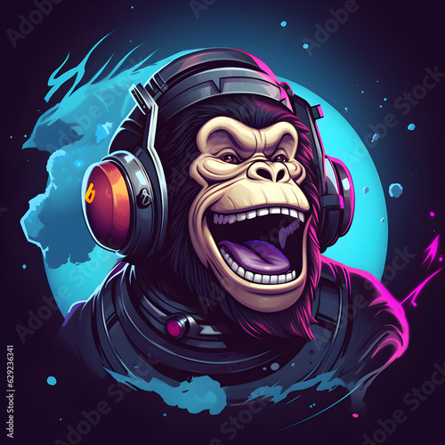 Monkey laughing and floating in space, gorilla head gaming logo