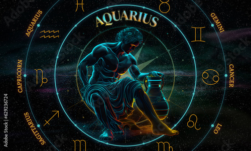 Aquarius. Zodiac sign. Illustration of the Aquarius symbol of the horoscope over a cosmos of constellations