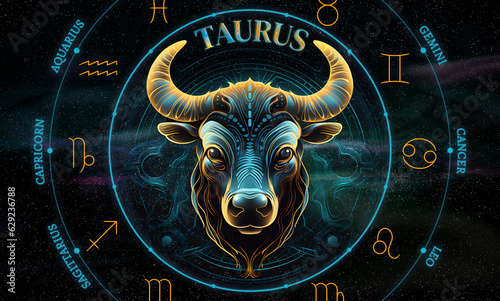 Taurus. Zodiac sign. Illustration of the Taurus symbol of the horoscope over a cosmos of constellations