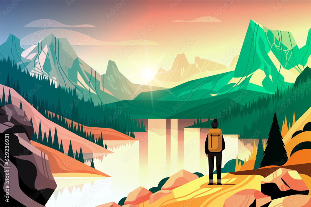 Fototapeta premium rear view of tourist with backpack travels along mountains and enjoying the view over beautiful nature landscape travelling hiking