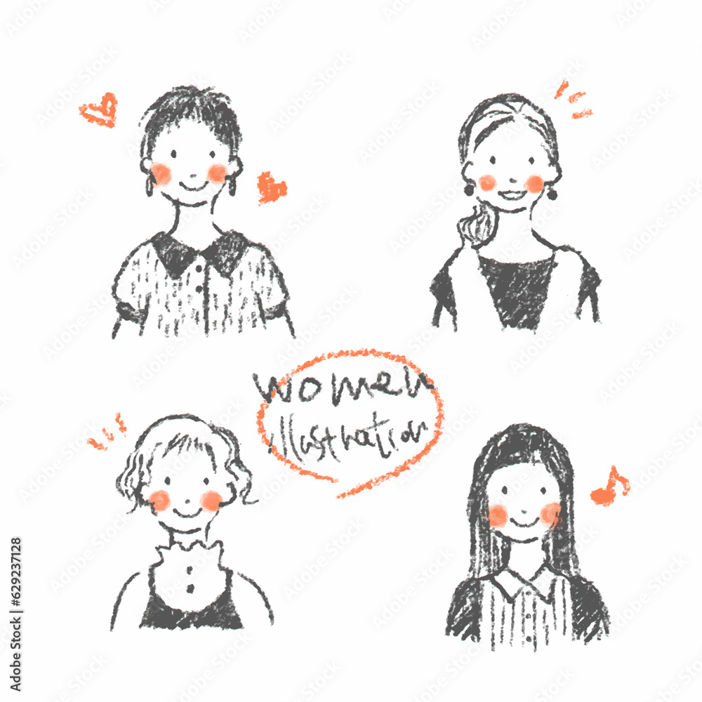 若い女性のナチュラルな手描きイラストセット　ハッピー　笑顔