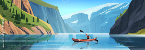 man tourist traveling in boat along mountain river beautiful scenery nature landscape background active summer vacation concept