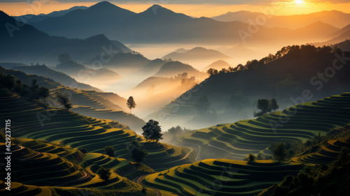 Heliocentric of Mu Cang Chai, a round circle terraced rice hill no house, Yen Bai, Viet Nam in misty sunset golden hours generative ai