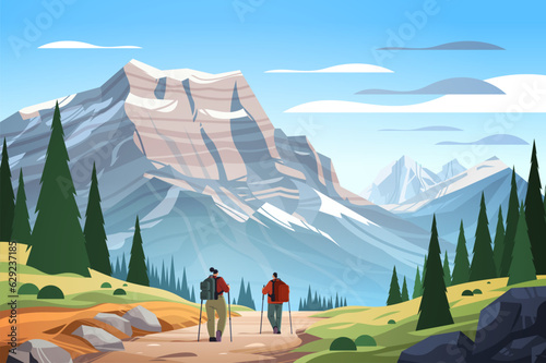 rear view of tourists hikers with backpacks travels along mountains and enjoying the view over beautiful nature landscape