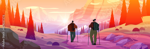 rear view of tourists hikers with backpacks travels along mountains and enjoying the view over beautiful nature landscape