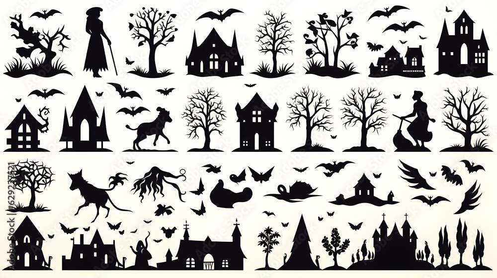 Naklejka premium Collection of halloween silhouettes icons and characters, bat, witch, pumpkins, haunted house, trees