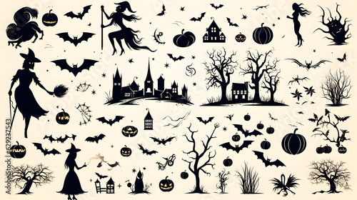 Collection of halloween silhouettes icons and characters  bat  witch  pumpkins  haunted house  trees