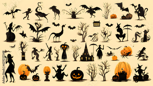 Collection of halloween silhouettes icons and characters, bat, witch, pumpkins, haunted house, trees © Pana