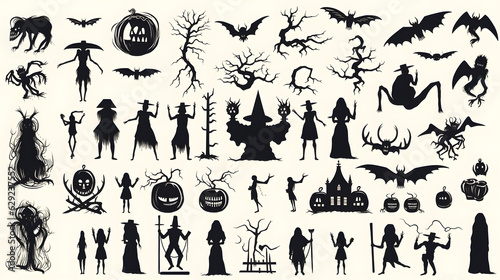 Collection of halloween silhouettes icons and characters  bat  witch  pumpkins  haunted house  trees