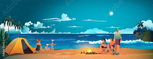 people near tent camping area with campfire night campsite summer camp travel vacation concept