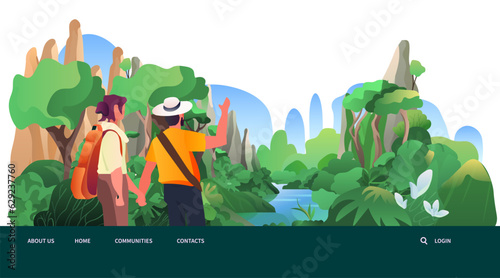 rear view of tourists hikers with backpacks travels along mountains and enjoying the view over beautiful nature landscape