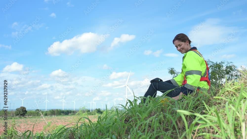 Female engineer sitting relax on the grass with wind turbines in the background. Female engineer sitting relax on the grass with wind turbines in the background.