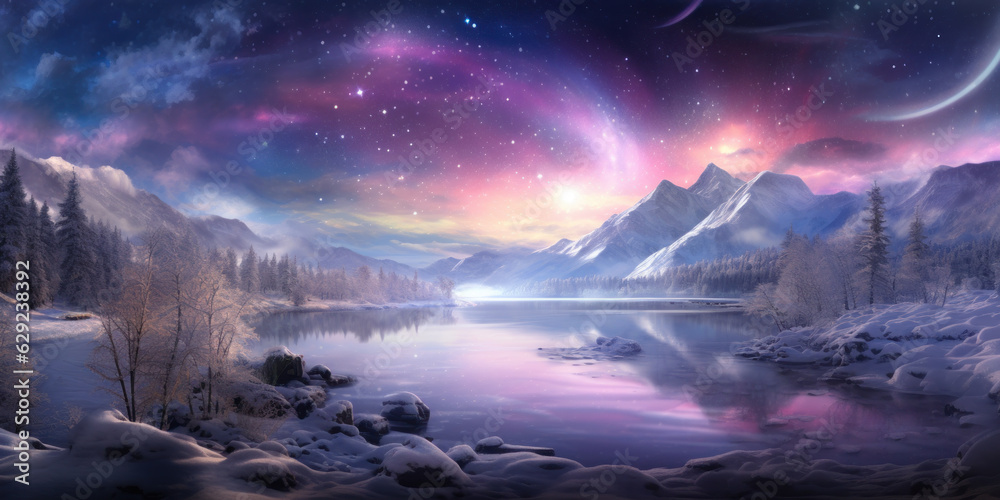 A frozen lake with star lights in colorful sky and snow-covered wooded banks.