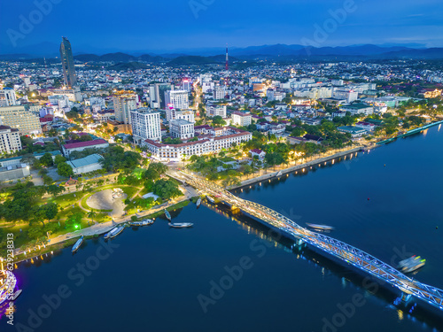 aerial view of Hue city with Truong Tien bridge which is a very famous destination of Vietnam