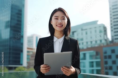 Smiling young Asian business woman leader entrepreneur, professional manager holding digital tablet computer generative ai © JKLoma