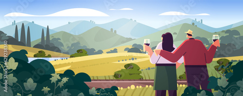 couple drinking wine and enjoying landscape view of with clear river mountain ridge green meadow shores nature tourism travel