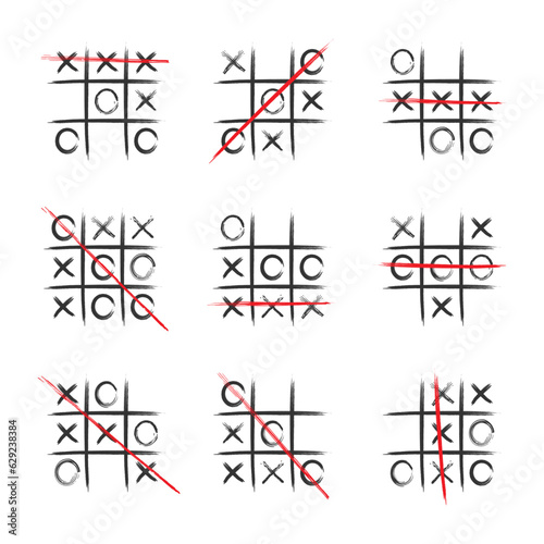 Tic tac toe set in hand drawn style. Vector illustration.