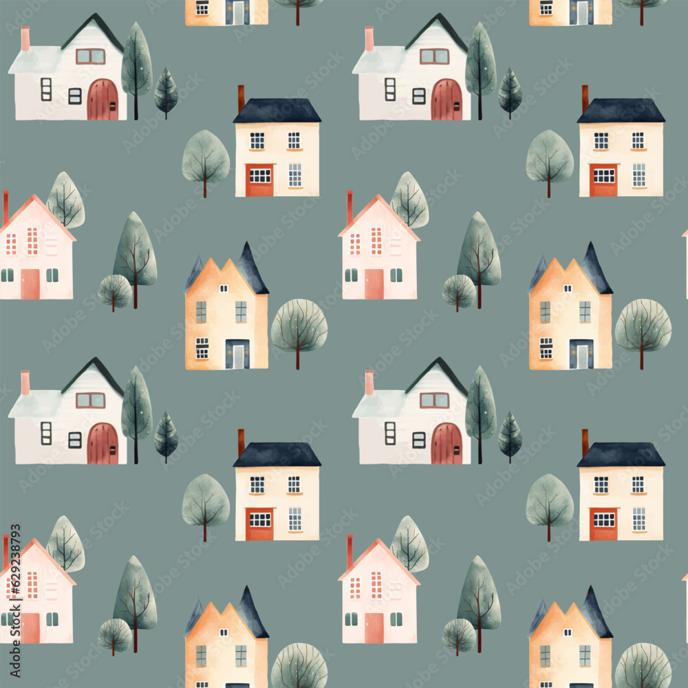 Cute watercolor buildings and trees pattern. Scandinavian houses seamless vector background