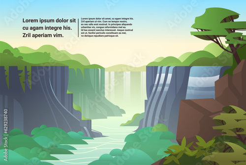 beautiful deep forest waterfall cartoon natural scenery with river streams of water flowing horizontal