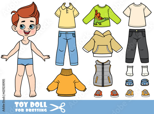 Cute cartoon boy with clothes separately -   jacket, vest, T-shirt, long sleeve, jeans and sneakers doll for dressing
