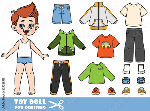 Cute cartoon boy with clothes separately -   jacket, shorts, long sleeve, T-shirt,  jeans and sneakers doll for dressing
