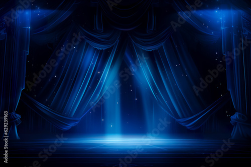 Empty theater stage with blue velvet curtains. luxurious blue stage curtain