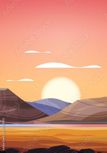 desert sunset landscape with golden sand dunes over mountains